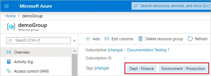Example of tags on Azure Resource Group for department and environment — image courtesy of Microsoft