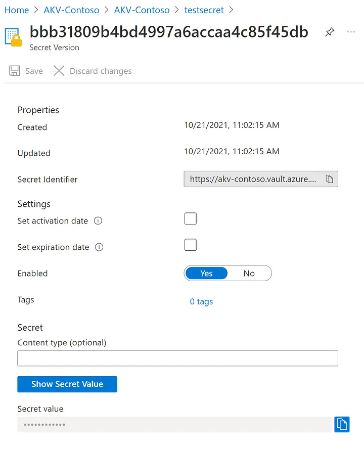 Example of secret created inside Azure Key Vault — image courtesy of Microsoft