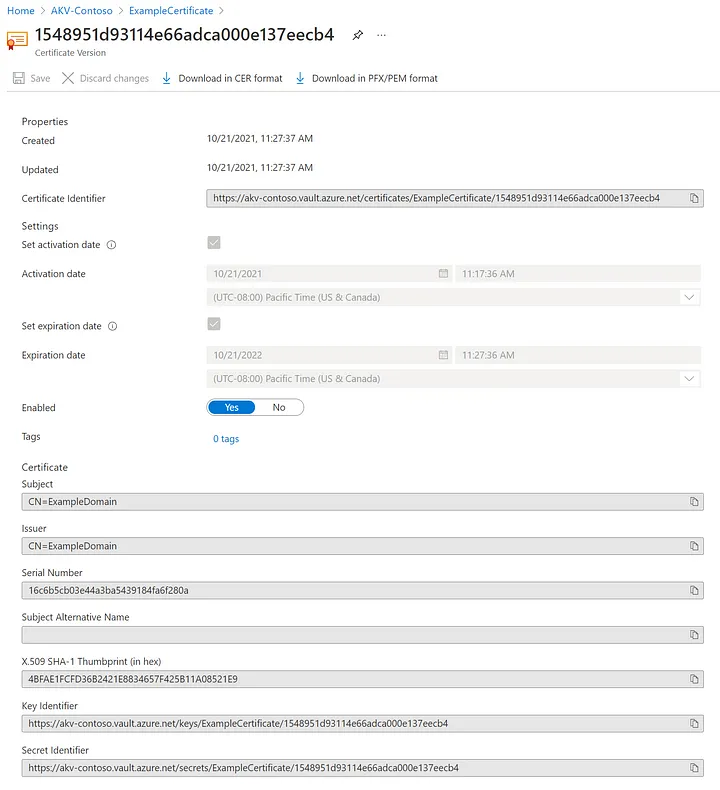 Example of created self-signed certificate — image courtesy of Microsoft