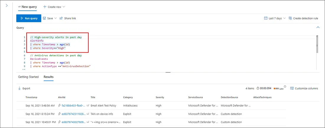 Sample of KQL queries in Microsoft Defender XDR portal — image courtesy of Microsoft